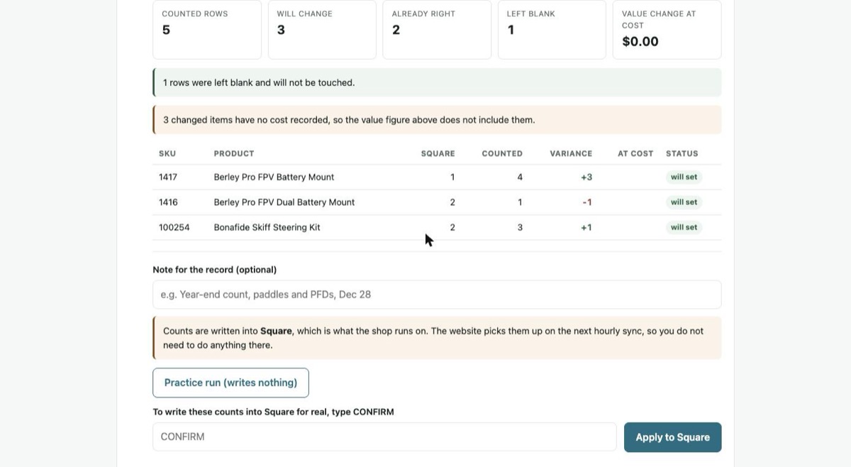 The review screen, showing variances before anything is written