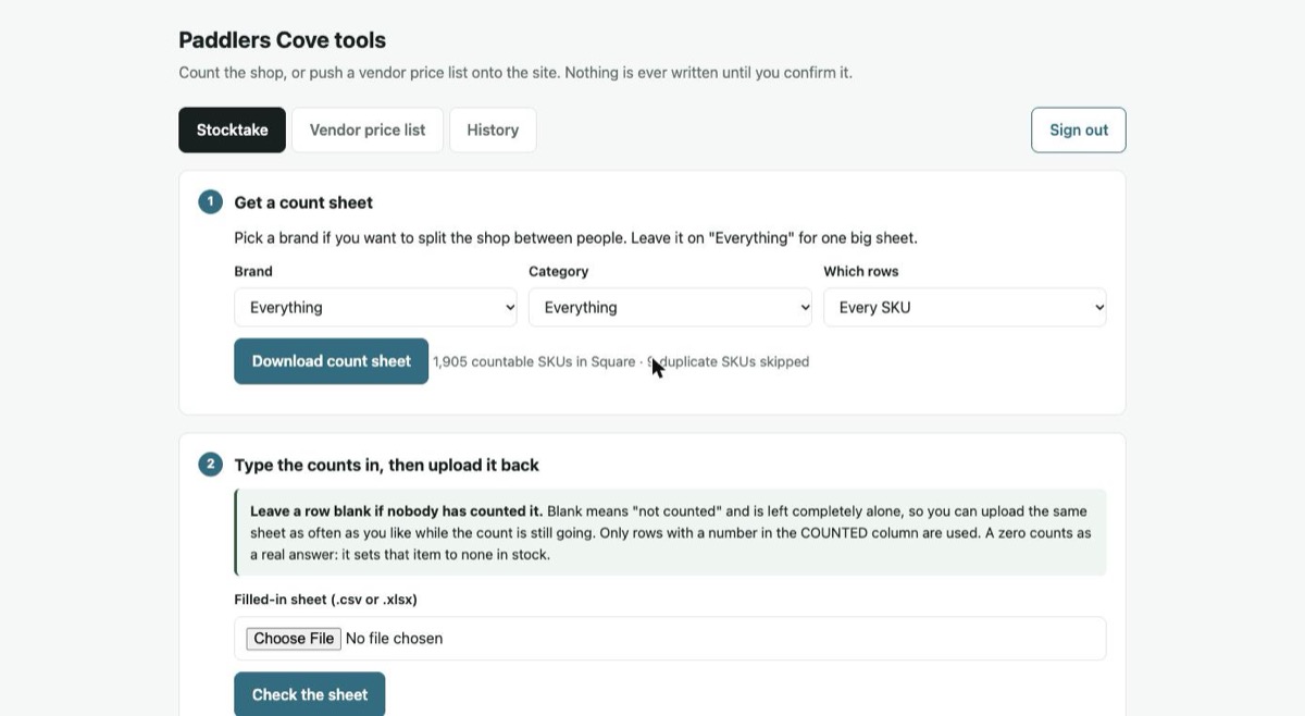 The count sheet screen, showing brand and category filters and a download button